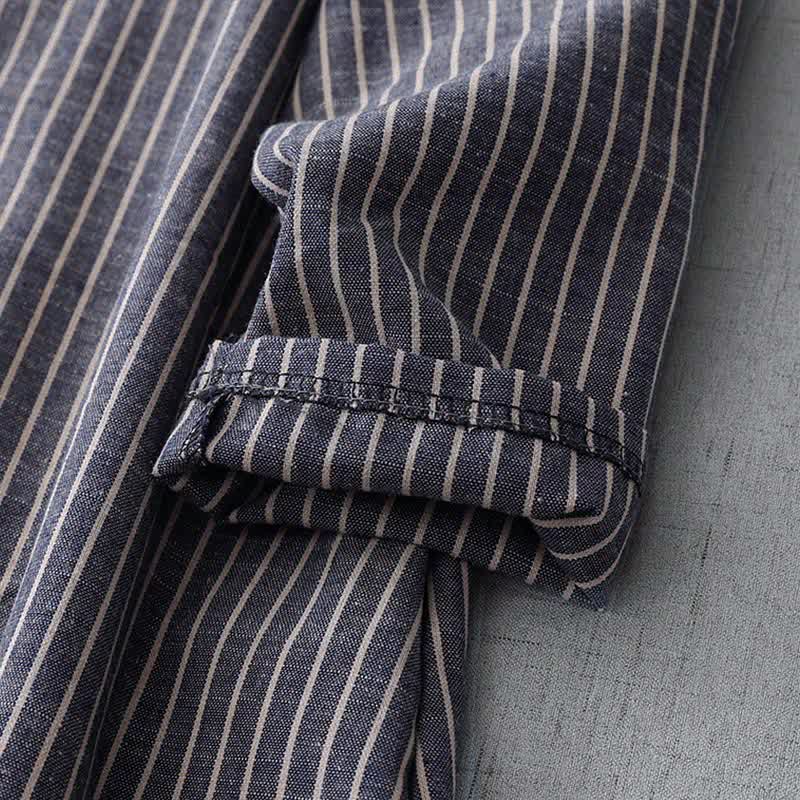 Buddha Stones LightSteelBlue White Striped Long Sleeve Lapel Midi Dress With Pockets - image 5