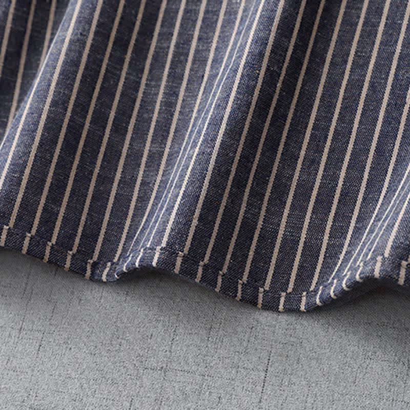 Buddha Stones LightSteelBlue White Striped Long Sleeve Lapel Midi Dress With Pockets - image 9