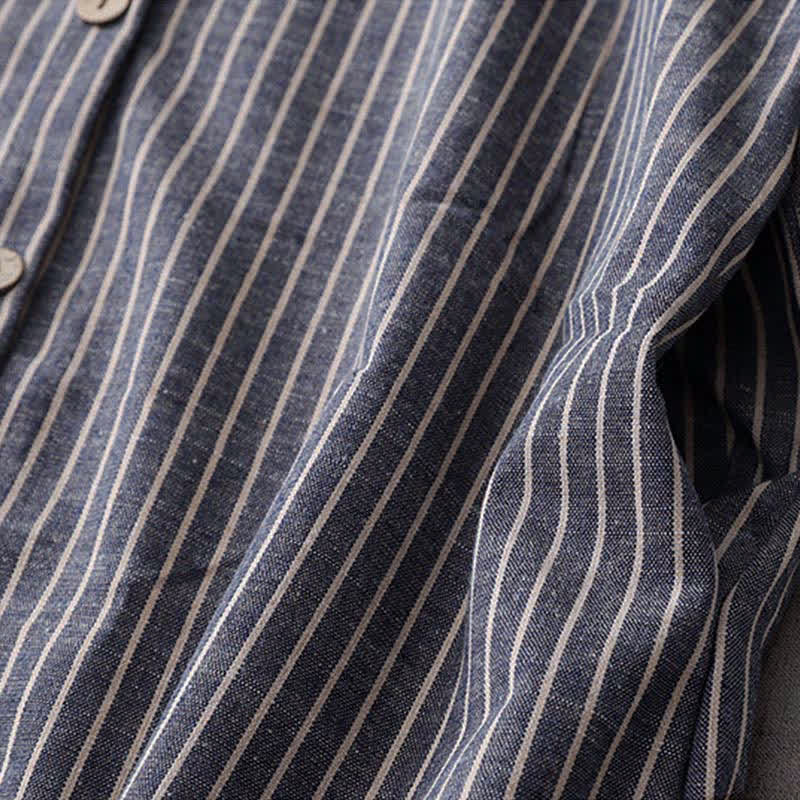 Buddha Stones LightSteelBlue White Striped Long Sleeve Lapel Midi Dress With Pockets - image 6