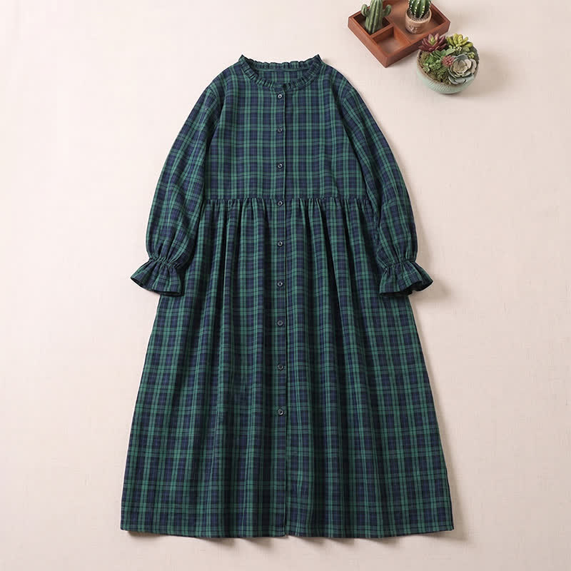 Buddha Stones Long Sleeve Plaid Simple Buttons Ruffled Design Midi Dress With Pockets - Black DarkGreen Plaid - US8-10,UK/AU12-14,EU40-42 (2XL) - image 0