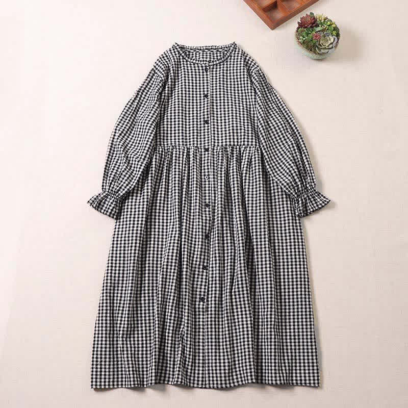 Buddha Stones Long Sleeve Plaid Simple Buttons Ruffled Design Midi Dress With Pockets - Black White Plaid - US8-10,UK/AU12-14,EU40-42 (2XL) - image 6