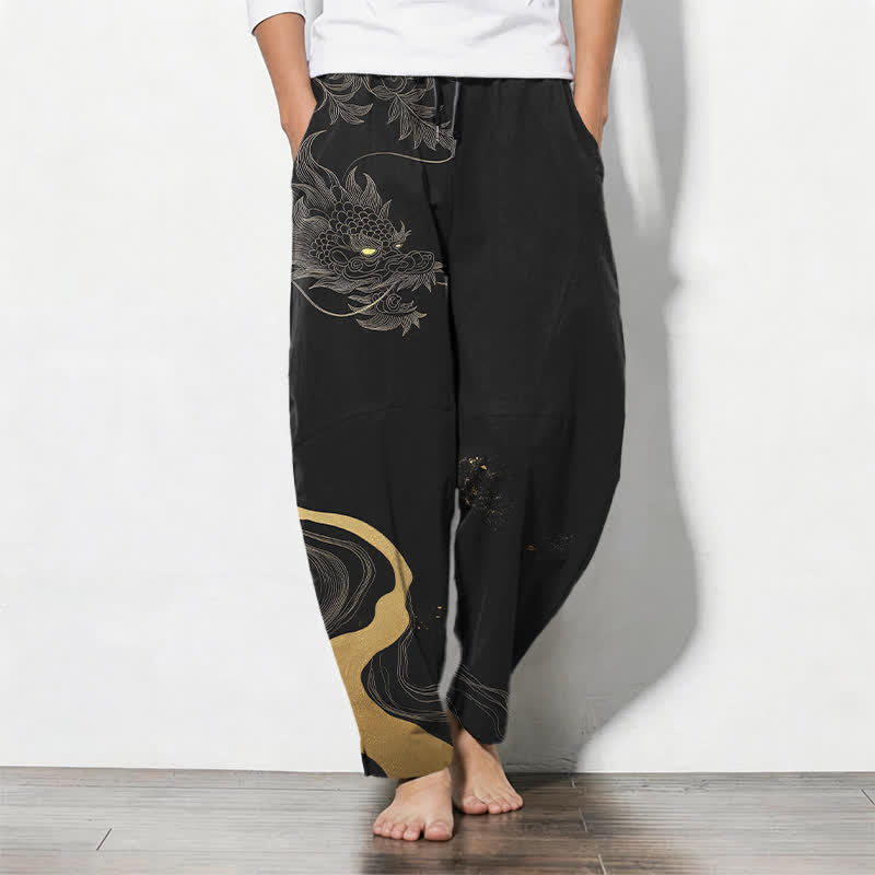 Buddha Stones Pure Cotton Golden Dragon Cloud Wave Pattern Drawstring Men's Tapered Pants With Pockets - Black - US/UK/AU50,EU60 (5XL) - image 0