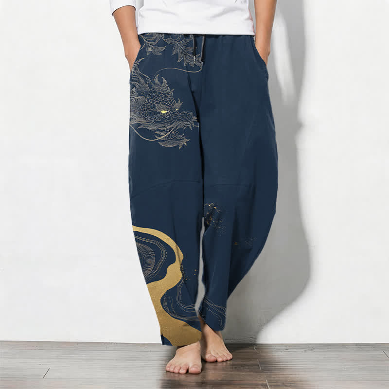 Buddha Stones Pure Cotton Golden Dragon Cloud Wave Pattern Drawstring Men's Tapered Pants With Pockets - Navy - US/UK/AU50,EU60 (5XL) - image 7