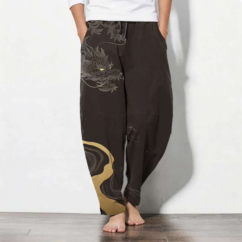 Buddha Stones Pure Cotton Golden Dragon Cloud Wave Pattern Drawstring Men's Tapered Pants With Pockets - SaddleBrown - US/UK/AU50,EU60 (5XL) - image 11