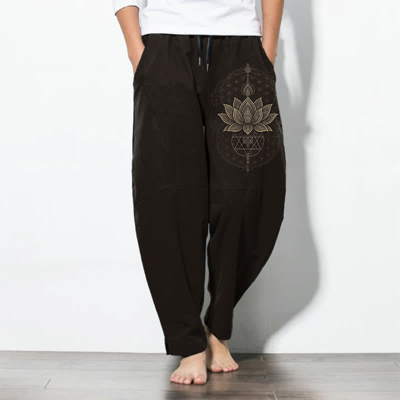 Buddha Stones Pure Cotton Lotus Mandala Geometry Pattern Drawstring Men's Tapered Pants With Pockets - Black - US/UK/AU50,EU60 (5XL) - image 0