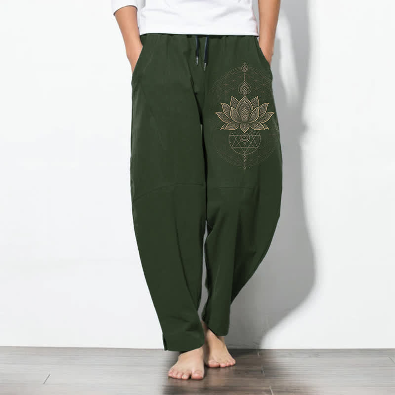 Buddha Stones Pure Cotton Lotus Mandala Geometry Pattern Drawstring Men's Tapered Pants With Pockets - DarkOliveGreen - US/UK/AU50,EU60 (5XL) - image 7