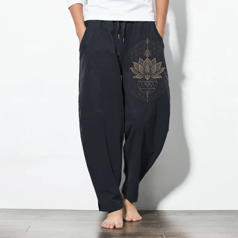 Buddha Stones Pure Cotton Lotus Mandala Geometry Pattern Drawstring Men's Tapered Pants With Pockets - Navy - US/UK/AU50,EU60 (5XL) - image 11