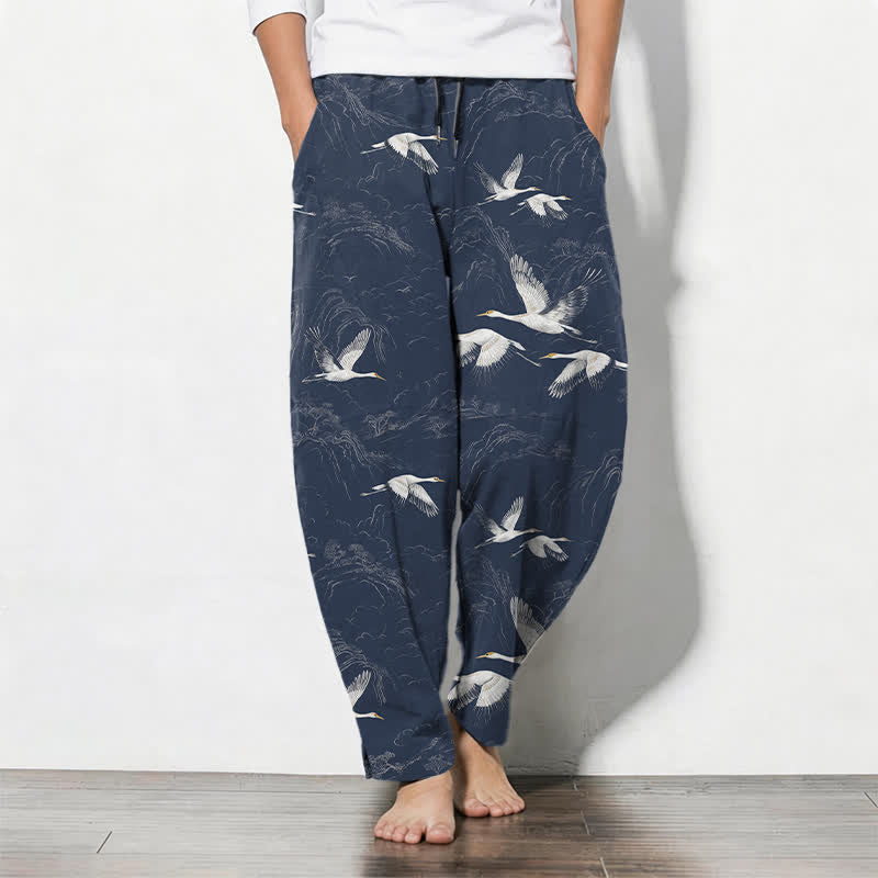 Buddha Stones Pure Cotton White Crane Pine Pattern Drawstring Men's Tapered Pants With Pockets - MidnightBlue - US/UK/AU50,EU60 (5XL) - image 0