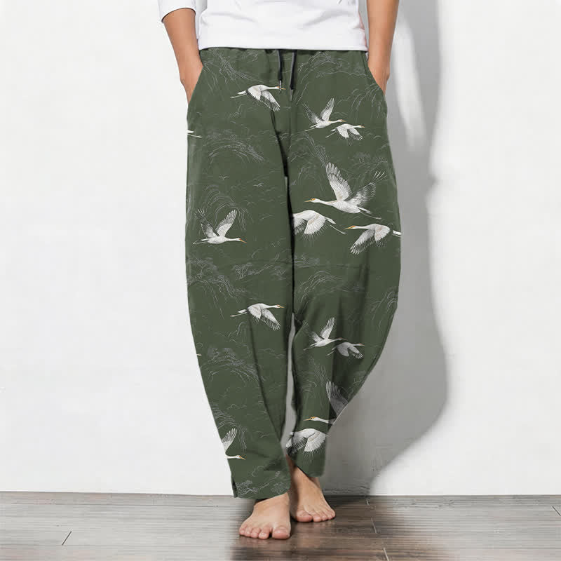Buddha Stones Pure Cotton White Crane Pine Pattern Drawstring Men's Tapered Pants With Pockets - DarkOliveGreen - US/UK/AU50,EU60 (5XL) - image 7