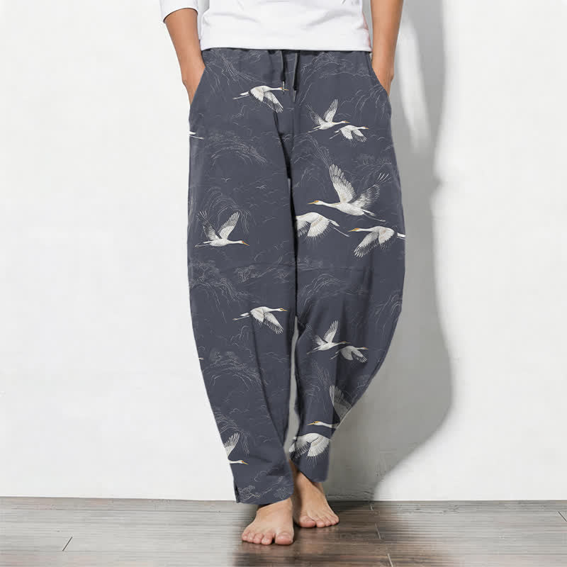 Buddha Stones Pure Cotton White Crane Pine Pattern Drawstring Men's Tapered Pants With Pockets - SlateGray - US/UK/AU50,EU60 (5XL) - image 11