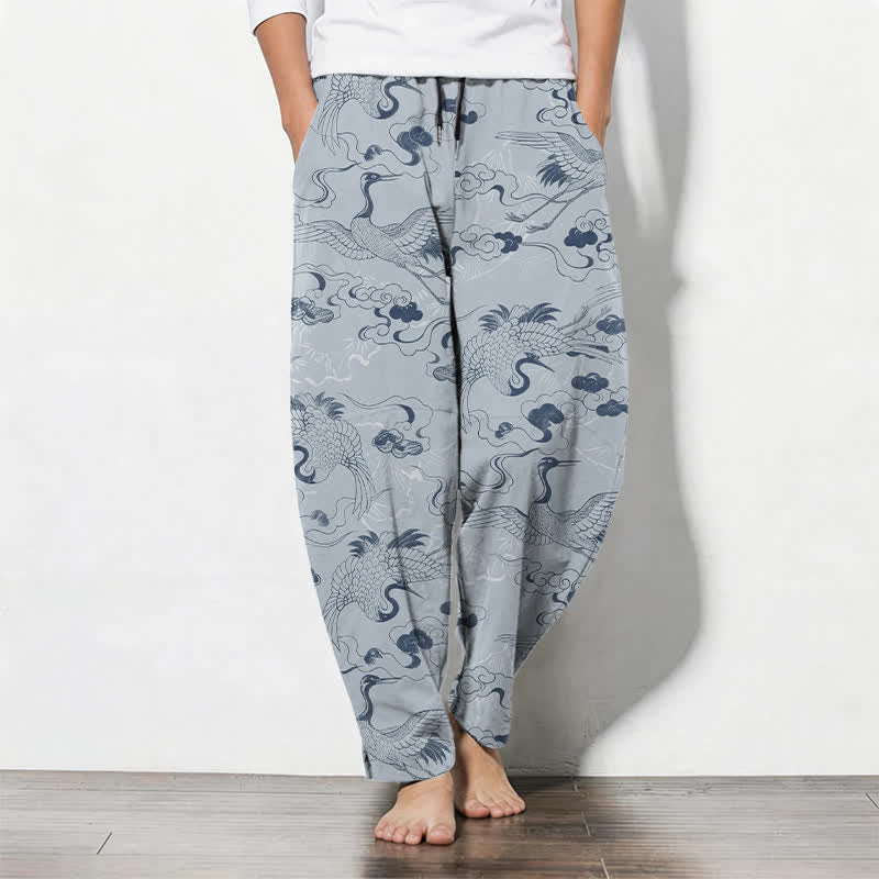 Buddha Stones Pure Cotton Crane Cloud Pattern Drawstring Men's Tapered Pants With Pockets - LightSteelBlue - US/UK/AU50,EU60 (5XL) - image 0