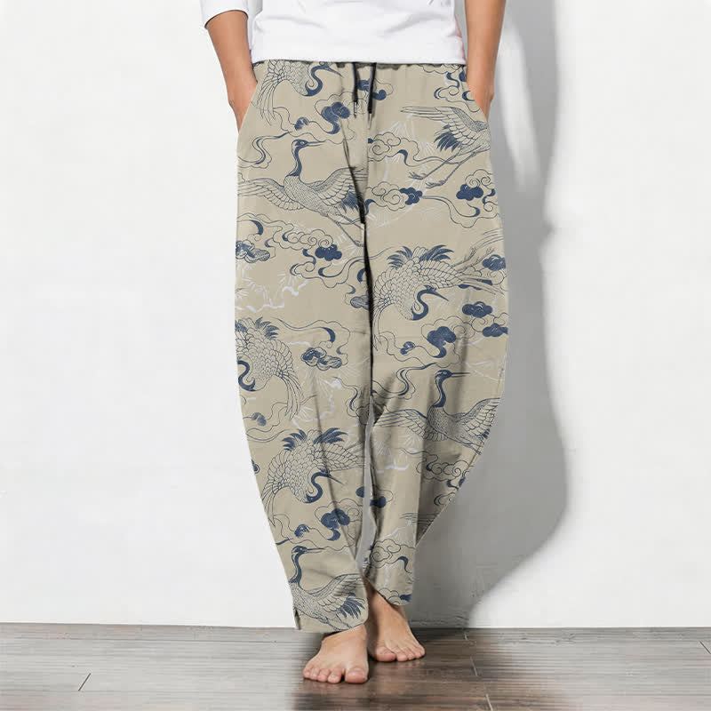 Buddha Stones Pure Cotton Crane Cloud Pattern Drawstring Men's Tapered Pants With Pockets - Beige - US/UK/AU50,EU60 (5XL) - image 7