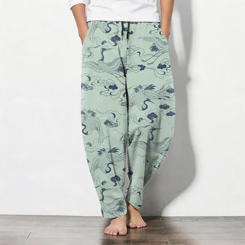 Buddha Stones Pure Cotton Crane Cloud Pattern Drawstring Men's Tapered Pants With Pockets - PaleGreen - US/UK/AU50,EU60 (5XL) - image 11