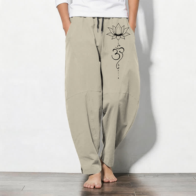 Buddha Stones Pure Cotton Lotus Om Pattern Drawstring Men's Tapered Pants With Pockets - Beige - US/UK/AU50,EU60 (5XL) - image 0