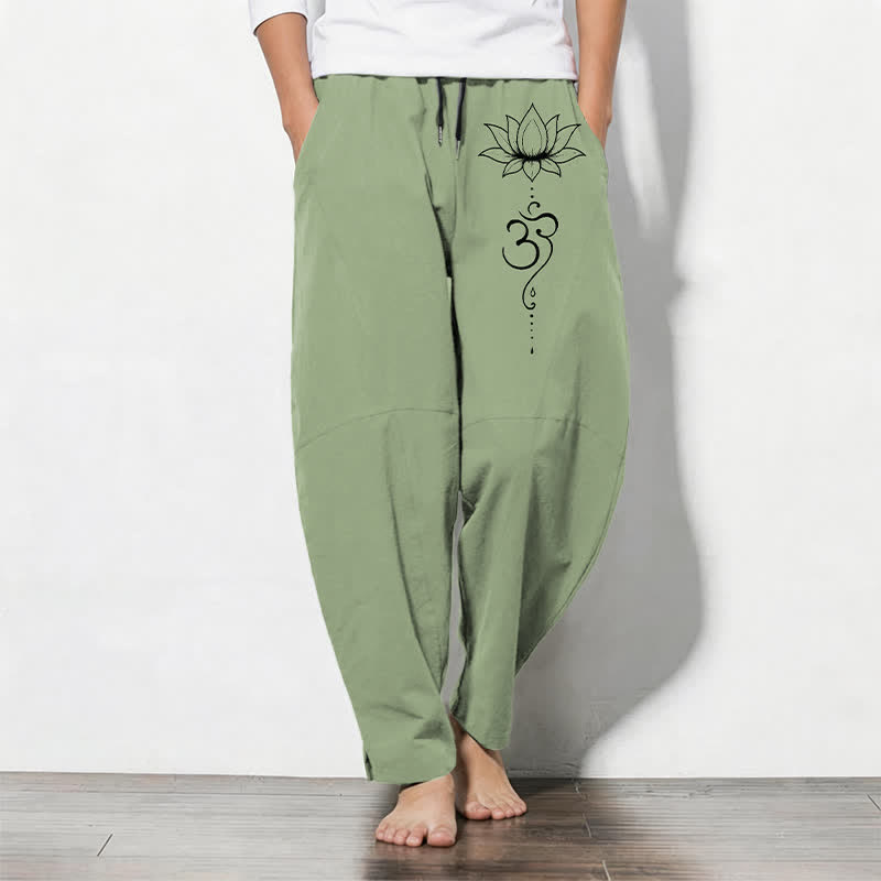 Buddha Stones Pure Cotton Lotus Om Pattern Drawstring Men's Tapered Pants With Pockets - PaleGreen - US/UK/AU50,EU60 (5XL) - image 7