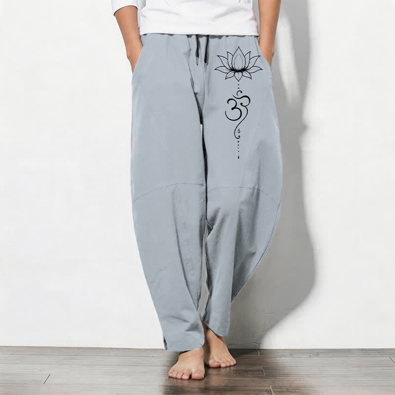 Buddha Stones Pure Cotton Lotus Om Pattern Drawstring Men's Tapered Pants With Pockets - LightSteelBlue - US/UK/AU50,EU60 (5XL) - image 11