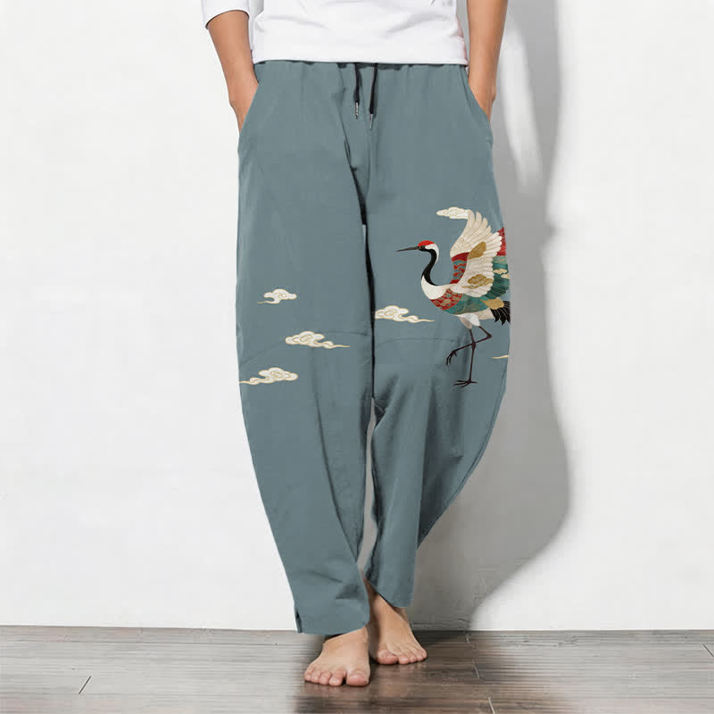 Buddha Stones Pure Cotton Multicolor Crane Cloud Pattern Drawstring Men's Tapered Pants With Pockets - LightBlue - US/UK/AU50,EU60 (5XL) - image 0