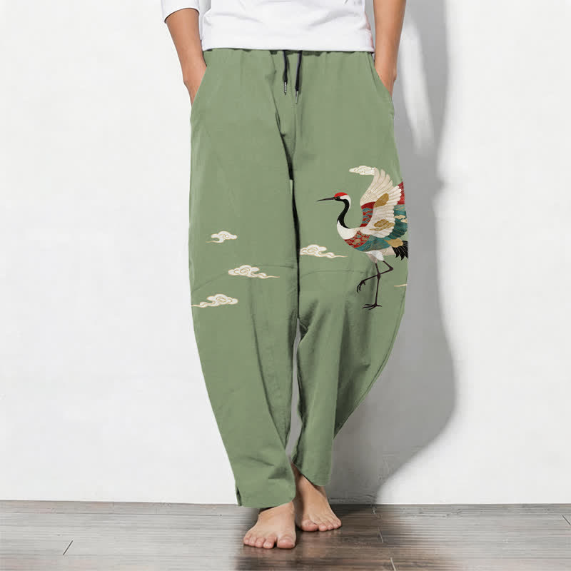 Buddha Stones Pure Cotton Multicolor Crane Cloud Pattern Drawstring Men's Tapered Pants With Pockets - DarkSeaGreen - US/UK/AU50,EU60 (5XL) - image 7