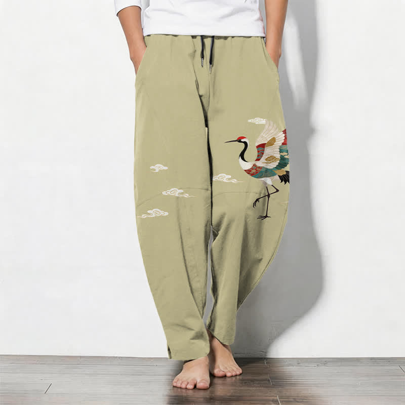 Buddha Stones Pure Cotton Multicolor Crane Cloud Pattern Drawstring Men's Tapered Pants With Pockets - DarkKhaki - US/UK/AU50,EU60 (5XL) - image 11