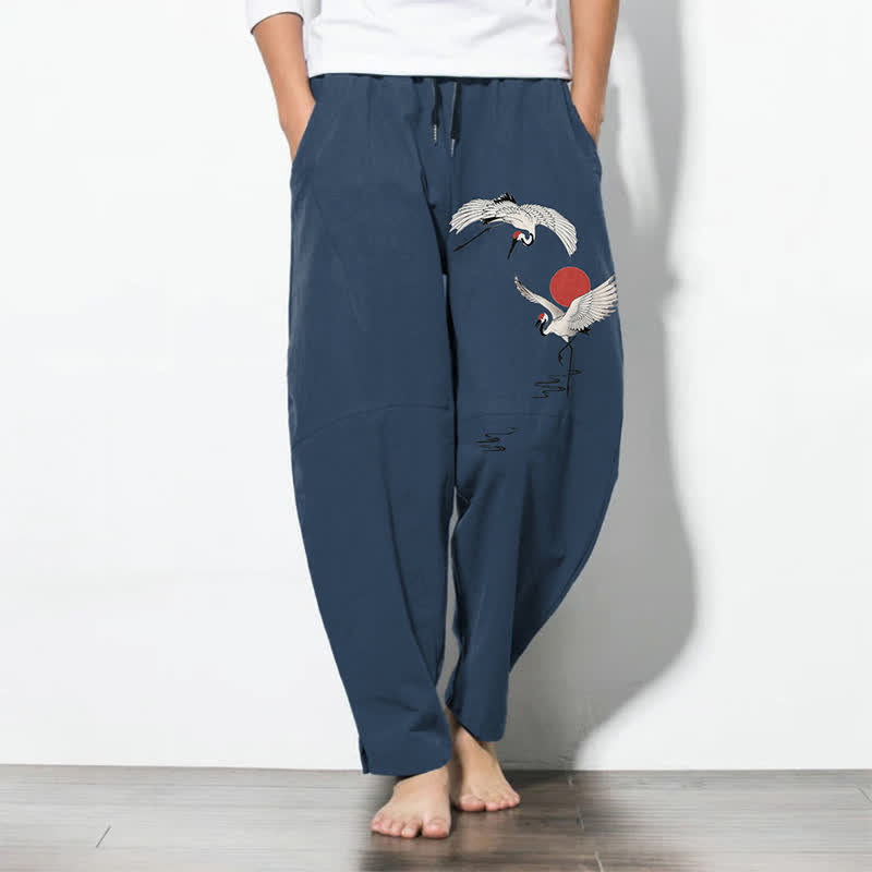 Buddha Stones Pure Cotton Crane Red Sun Pattern Drawstring Men's Tapered Pants With Pockets - SteelBlue - US/UK/AU50,EU60 (5XL) - image 0