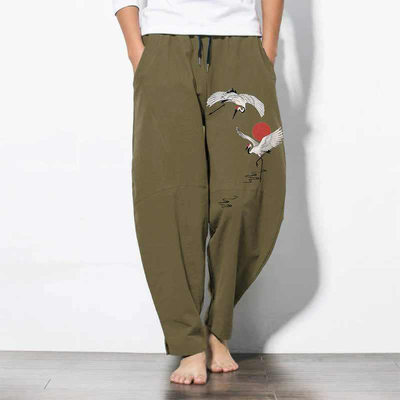 Buddha Stones Pure Cotton Crane Red Sun Pattern Drawstring Men's Tapered Pants With Pockets - Olive - US/UK/AU50,EU60 (5XL) - image 7