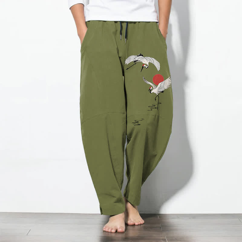 Buddha Stones Pure Cotton Crane Red Sun Pattern Drawstring Men's Tapered Pants With Pockets - OliveDrab - US/UK/AU50,EU60 (5XL) - image 11