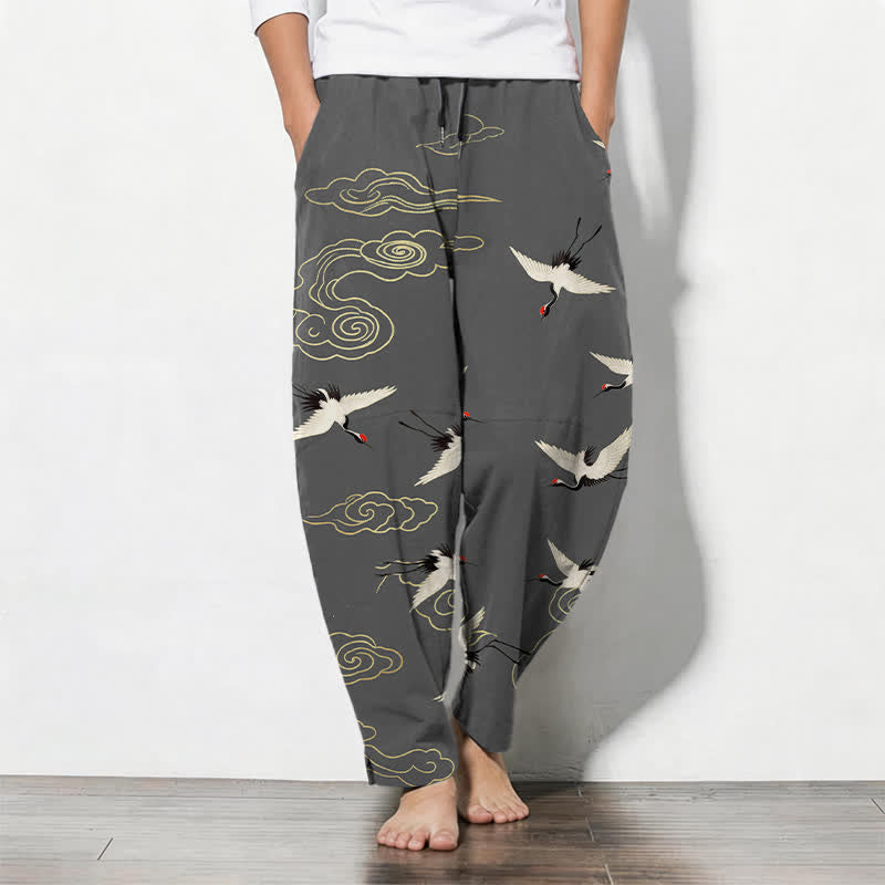 Buddha Stones Pure Cotton White Red-crowned Crane Clouds Pattern Drawstring Men's Tapered Pants With Pockets - DimGray - US/UK/AU50,EU60 (5XL) - image 0