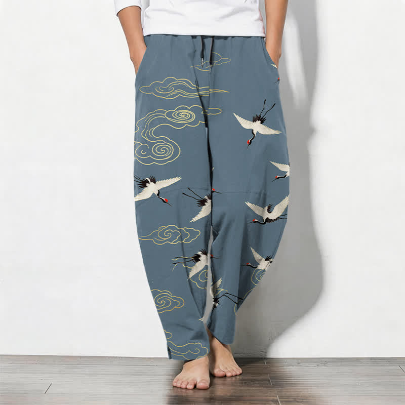 Buddha Stones Pure Cotton White Red-crowned Crane Clouds Pattern Drawstring Men's Tapered Pants With Pockets - LightSteelBlue - US/UK/AU50,EU60 (5XL) - image 7