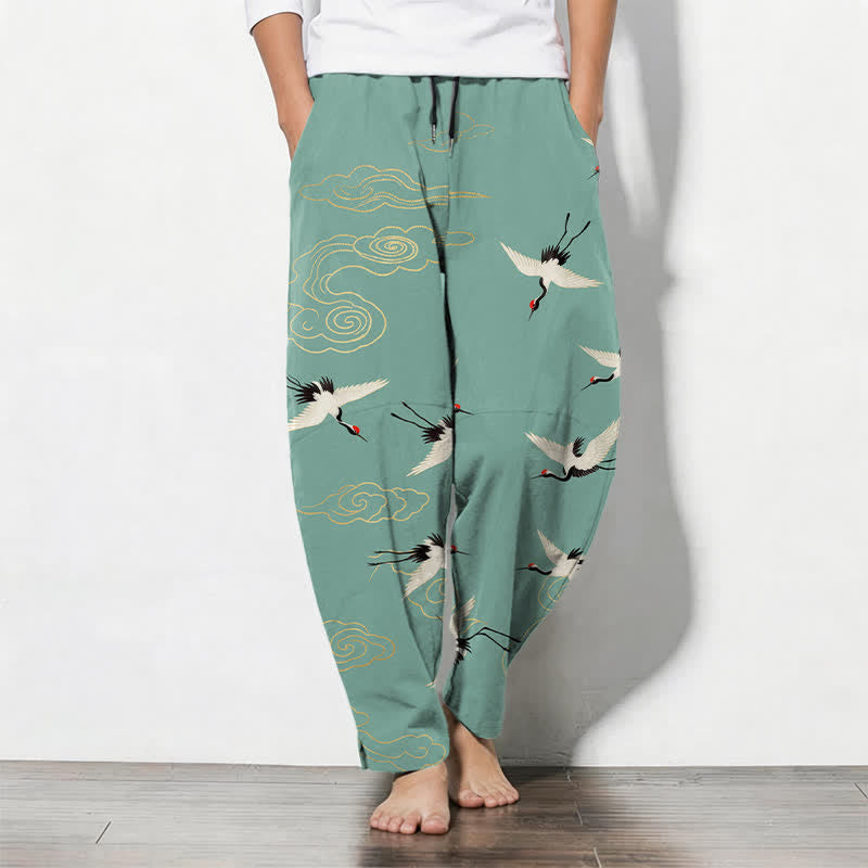 Buddha Stones Pure Cotton White Red-crowned Crane Clouds Pattern Drawstring Men's Tapered Pants With Pockets - Aquamarine - US/UK/AU50,EU60 (5XL) - image 11