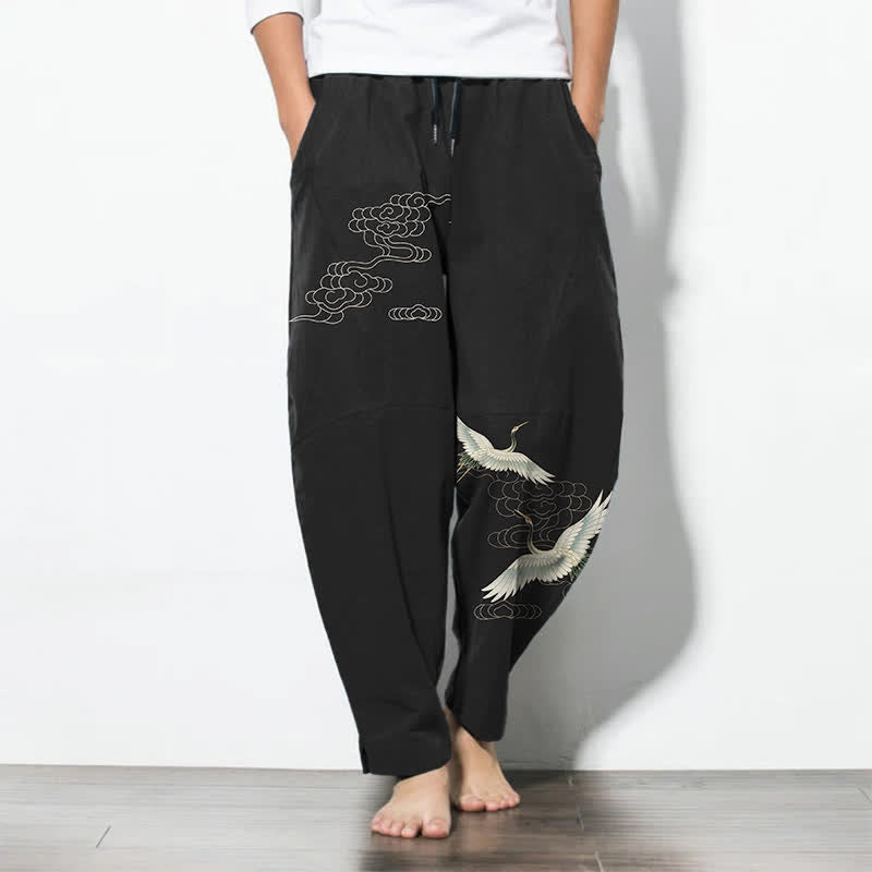 Buddha Stones Pure Cotton White Crane Clouds Pattern Drawstring Men's Tapered Pants With Pockets - Black - US/UK/AU50,EU60 (5XL) - image 0