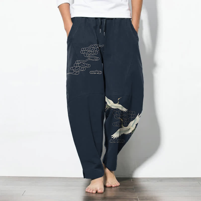 Buddha Stones Pure Cotton White Crane Clouds Pattern Drawstring Men's Tapered Pants With Pockets - Navy - US/UK/AU50,EU60 (5XL) - image 7