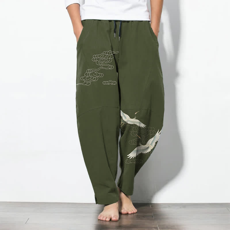 Buddha Stones Pure Cotton White Crane Clouds Pattern Drawstring Men's Tapered Pants With Pockets - DarkOliveGreen - US/UK/AU50,EU60 (5XL) - image 11