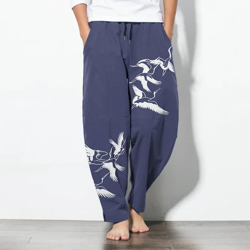 Buddha Stones Pure Cotton Flying Crane Pattern Drawstring Men's Tapered Pants With Pockets - SteelBlue - US/UK/AU50,EU60 (5XL) - image 0