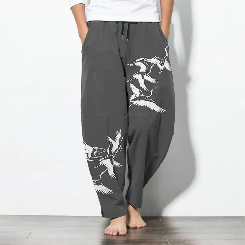 Buddha Stones Pure Cotton Flying Crane Pattern Drawstring Men's Tapered Pants With Pockets - DimGray - US/UK/AU50,EU60 (5XL) - image 7