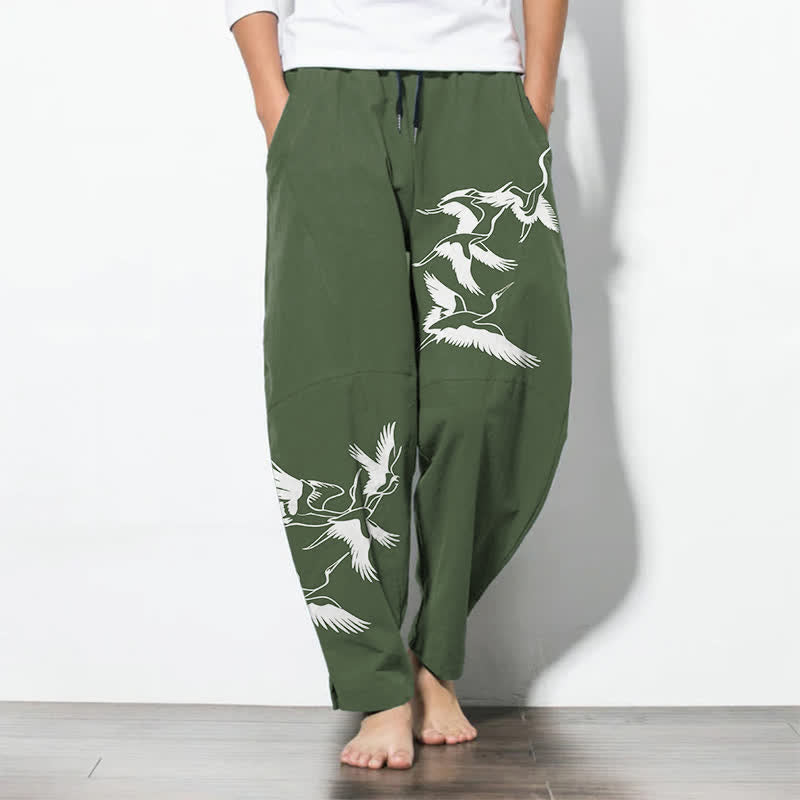 Buddha Stones Pure Cotton Flying Crane Pattern Drawstring Men's Tapered Pants With Pockets - DarkOliveGreen - US/UK/AU50,EU60 (5XL) - image 11