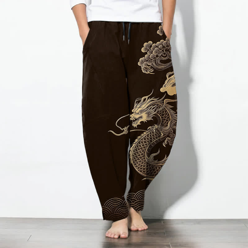 Buddha Stones Pure Cotton Golden Dragon Cloud Pattern Drawstring Men's Tapered Pants With Pockets - SaddleBrown - US/UK/AU50,EU60 (5XL) - image 0