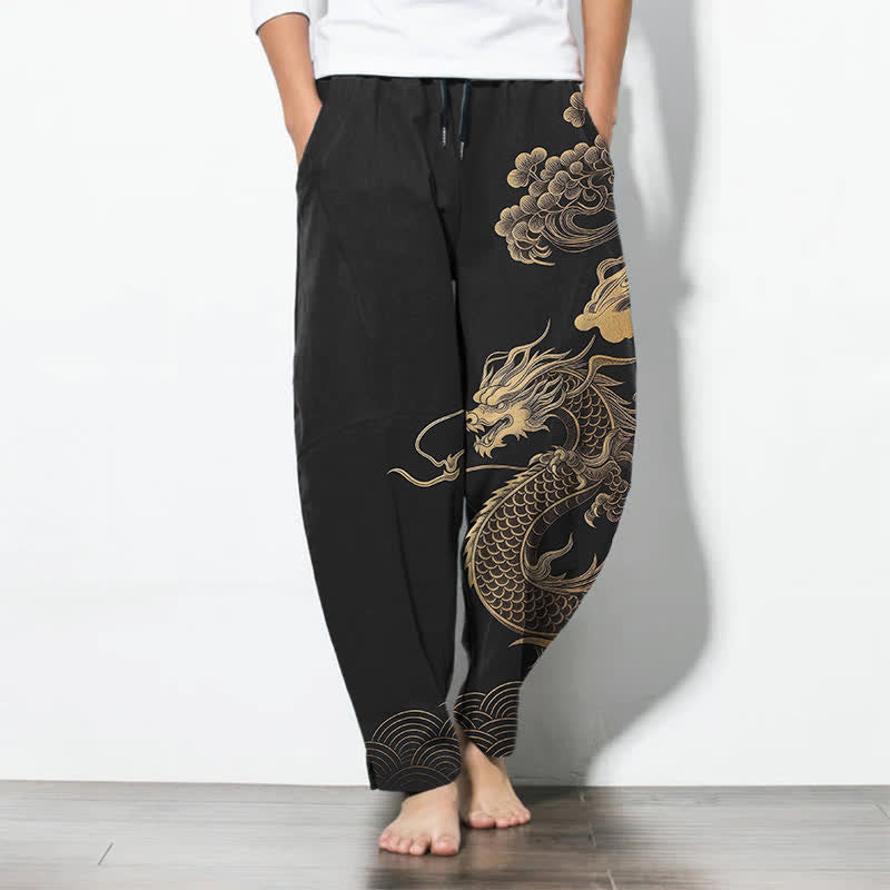 Buddha Stones Pure Cotton Golden Dragon Cloud Pattern Drawstring Men's Tapered Pants With Pockets - Black - US/UK/AU50,EU60 (5XL) - image 7
