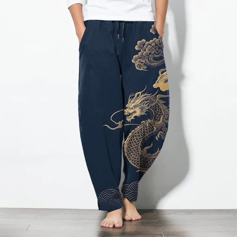Buddha Stones Pure Cotton Golden Dragon Cloud Pattern Drawstring Men's Tapered Pants With Pockets - Navy - US/UK/AU50,EU60 (5XL) - image 11