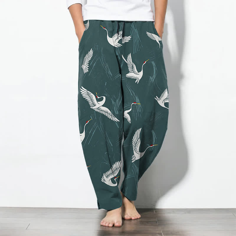 Buddha Stones Pure Cotton Black White Crane Pattern Drawstring Men's Tapered Pants With Pockets - CadetBlue - US/UK/AU50,EU60 (5XL) - image 7