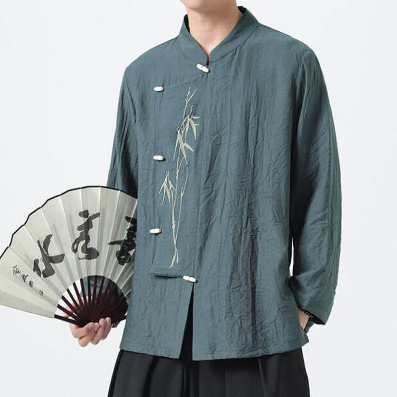 Buddha Stones Spring Tang Style Vintage Mandarin Collar Frog Button Bamboo Embroidery Men's Long Sleeve Shirts - CadetBlue - US/UK/AU46,EU56 (5XL) - image 0