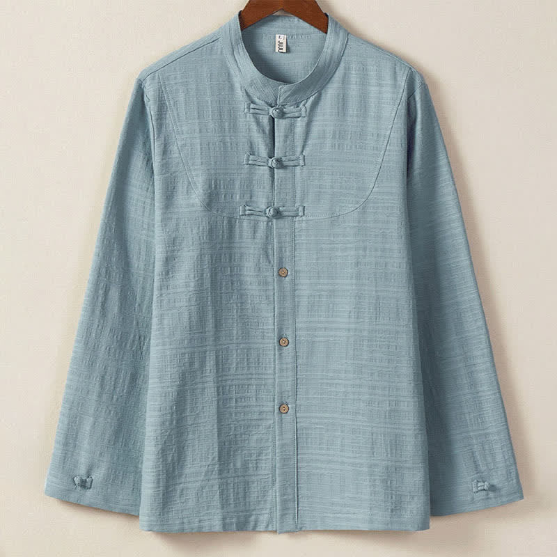 Buddha Stones Fall Winter Tang Style Vintage Mandarin Collar Frog Button Solid Men's Long Sleeve Shirts - LightSteelBlue - US/UK/AU46,EU56 (5XL) - image 0