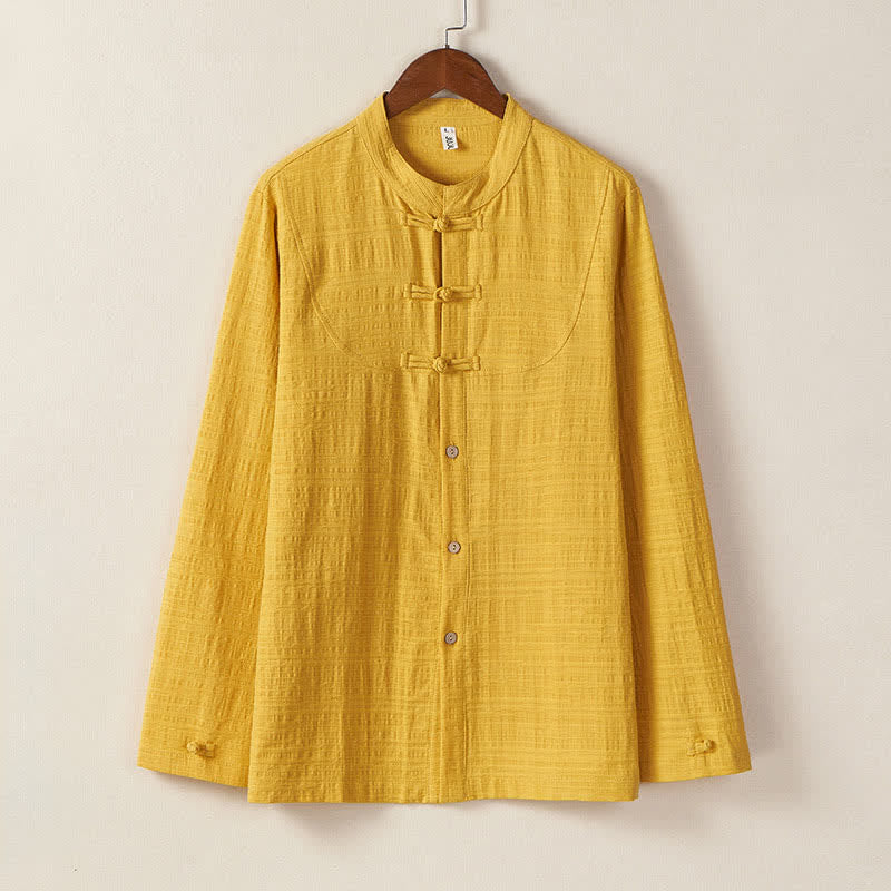 Buddha Stones Fall Winter Tang Style Vintage Mandarin Collar Frog Button Solid Men's Long Sleeve Shirts - Gold - US/UK/AU46,EU56 (5XL) - image 4