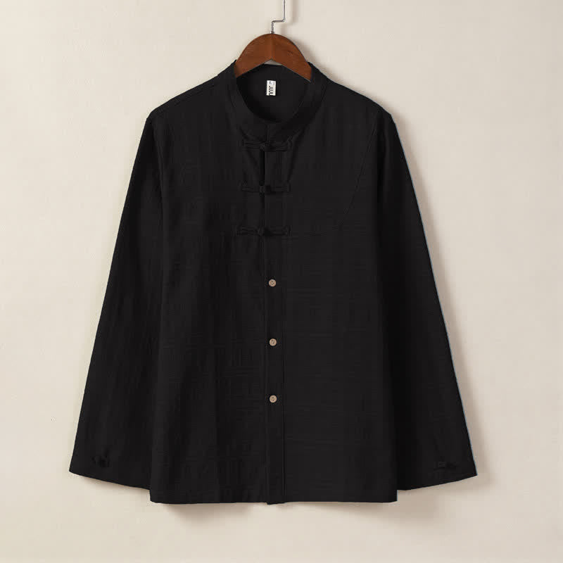 Buddha Stones Fall Winter Tang Style Vintage Mandarin Collar Frog Button Solid Men's Long Sleeve Shirts - Black - US/UK/AU46,EU56 (5XL) - image 2