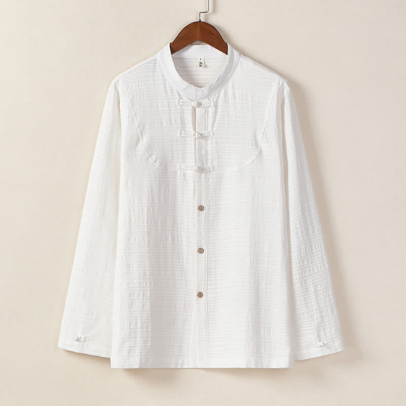 Buddha Stones Fall Winter Tang Style Vintage Mandarin Collar Frog Button Solid Men's Long Sleeve Shirts - White - US/UK/AU46,EU56 (5XL) - image 13