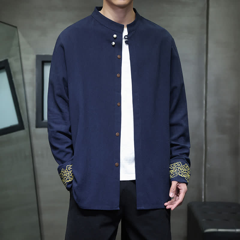 Buddha Stones Fall Winter Tang Style Casual Mandarin Collar Embroidery Auspicious Clouds Cuffs Solid Men's Long Sleeve Shirts - MidnightBlue - US/UK/AU46,EU56 (5XL) - image 0