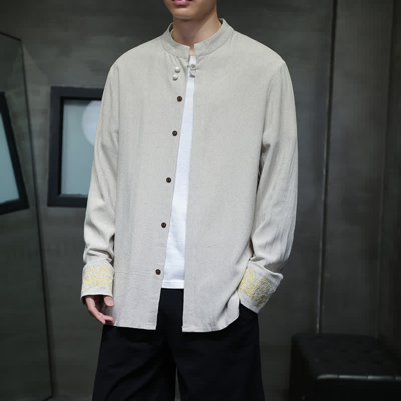 Buddha Stones Fall Winter Tang Style Casual Mandarin Collar Embroidery Auspicious Clouds Cuffs Solid Men's Long Sleeve Shirts - Beige - US/UK/AU46,EU56 (5XL) - image 16