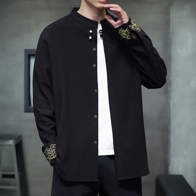 Buddha Stones Fall Winter Tang Style Casual Mandarin Collar Embroidery Auspicious Clouds Cuffs Solid Men's Long Sleeve Shirts - Black - US/UK/AU46,EU56 (5XL) - image 11