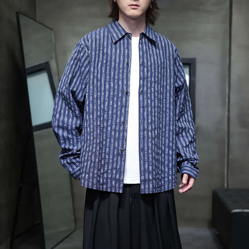 Buddha Stones Fall Casual Minimalist Button-Up Striped Men's Long Sleeve Shirts - Navy - US/UK/AU46,EU56 (5XL) - image 0