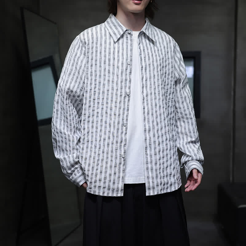 Buddha Stones Fall Casual Minimalist Button-Up Striped Men's Long Sleeve Shirts - Gainsboro - US/UK/AU46,EU56 (5XL) - image 9