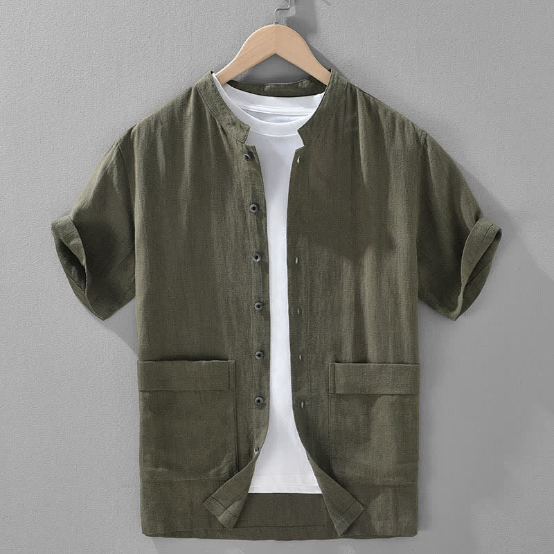 Buddha Stones Summer Casual Mandarin Collar Button-Up Solid Men's Short Sleeve Shirts With Pockets - DarkOliveGreen - US/UK/AU42,EU52 (3XL) - image 0